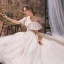 Elegant Champagne Wedding Dresses 2019 Ball Gown Scoop Neck Lace Flower Short Sleeve Backless Royal Train