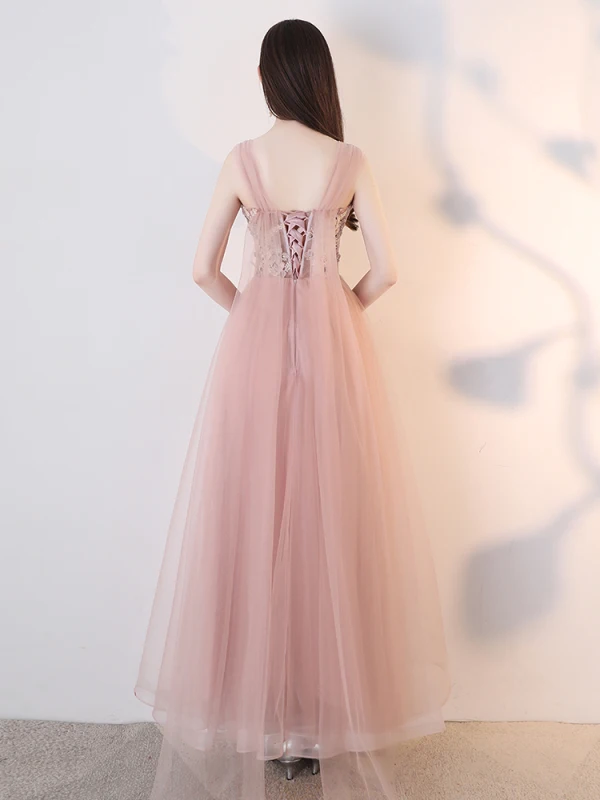 Elegant Blushing Pink Homecoming Graduation Dresses 2019 A-Line / Princess Lace Flower Pearl Rhinestone Backless Floor-Length / Long Formal Dresses