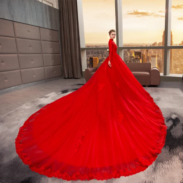 Chinese style Muslim Red Wedding Dresses 2019 A-Line / Princess High Neck Beading Appliques Lace Flower Long Sleeve Royal Train
