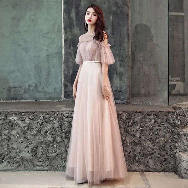 Elegant Pearl Pink Evening Dresses 2019 A-Line / Princess Scoop Neck Ruffle Sash Short Sleeve Backless Floor-Length / Long Formal Dresses