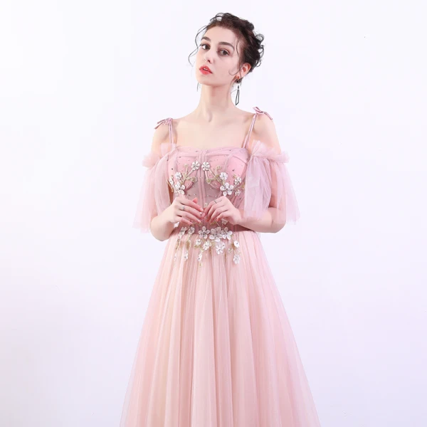 Elegant Candy Pink Prom Dresses 2019 A-Line / Princess Spaghetti Straps Lace Flower Pearl Short Sleeve Backless Floor-Length / Long Formal Dresses