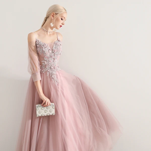 Elegant Blushing Pink Prom Dresses 2019 A-Line / Princess Spaghetti Straps Appliques Lace Flower Beading 3/4 Sleeve Backless Floor-Length / Long Formal Dresses