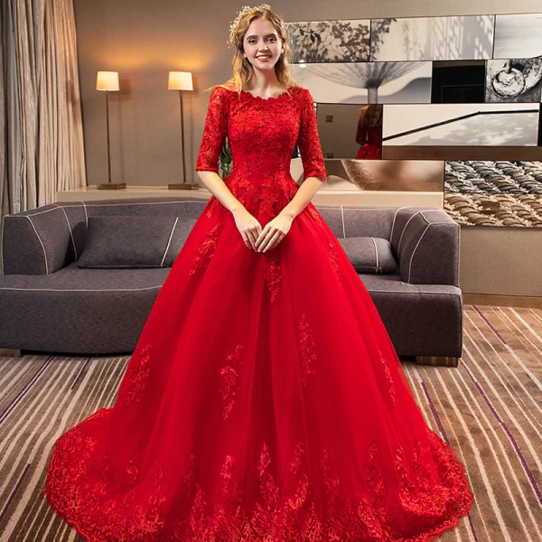 Chic / Belle Rouge Robe De Mariée 2019 Princesse Encolure Dégagée Perlage Cristal En Dentelle Fleur 1/2 Manches Royal Train