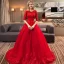 Chic / Belle Rouge Robe De Mariée 2019 Princesse Encolure Dégagée Perlage Cristal En Dentelle Fleur 1/2 Manches Royal Train