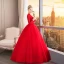 Chinese style Muslim Red Wedding Dresses 2019 Ball Gown High Neck Buttons Bow Lace Flower Sequins 3/4 Sleeve Floor-Length / Long