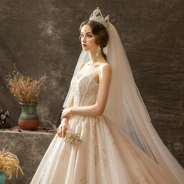 Luxury / Gorgeous Champagne Wedding Dresses 2019 A-Line / Princess Scoop Neck Beading Crystal Lace Flower Sequins Sleeveless Backless Watteau Train Royal Train