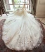 Schöne Champagner Brautkleider / Hochzeitskleider 2019 A Linie Off Shoulder Perlenstickerei Strass Spitze Blumen Kurze Ärmel Rückenfreies Königliche Schleppe