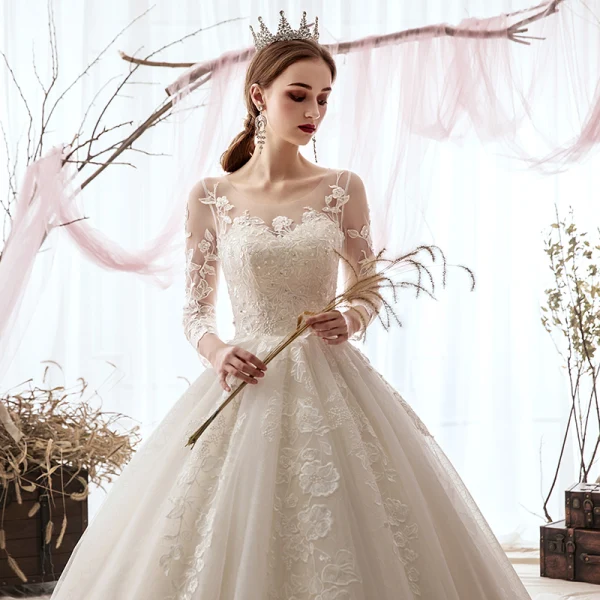 Luxury / Gorgeous Champagne Wedding Dresses 2019 A-Line / Princess Scoop Neck Sequins Lace Flower 3/4 Sleeve Backless Cathedral Train