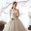 Luxury / Gorgeous Champagne Wedding Dresses 2019 A-Line / Princess Scoop Neck Sequins Lace Flower 3/4 Sleeve Backless Cathedral Train