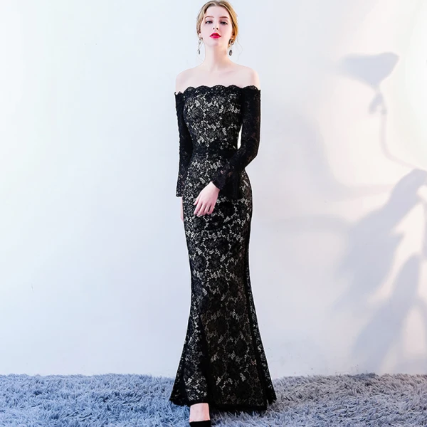 Chic / Beautiful Black Evening Dresses 2018 Trumpet / Mermaid Lace Flower Off-The-Shoulder Backless Long Sleeve Floor-Length / Long Formal Dresses