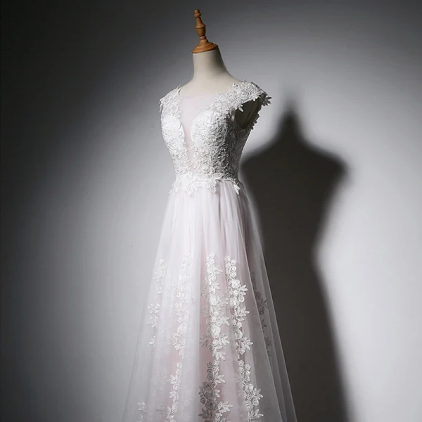 Élégant Blanche Perle Rose Robe De Soirée 2018 Princesse En Dentelle Appliques Encolure Dégagée Dos Nu Sans Manches Longue Robe De Ceremonie