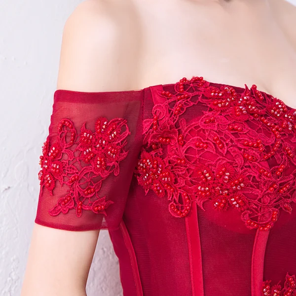 Chic / Beautiful Burgundy Evening Dresses 2019 A-Line / Princess Off-The-Shoulder Beading Crystal Lace Flower Short Sleeve Backless Tea-length Formal Dresses