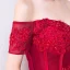 Chic / Beautiful Burgundy Evening Dresses  2019 A-Line / Princess Off-The-Shoulder Beading Crystal Lace Flower Short Sleeve Backless Tea-length Formal Dresses