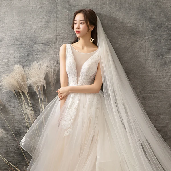 Élégant Champagne Robe De Mariée 2019 Princesse Encolure Dégagée Appliques Cristal En Dentelle Fleur Sans Manches Dos Nu Chapel Train
