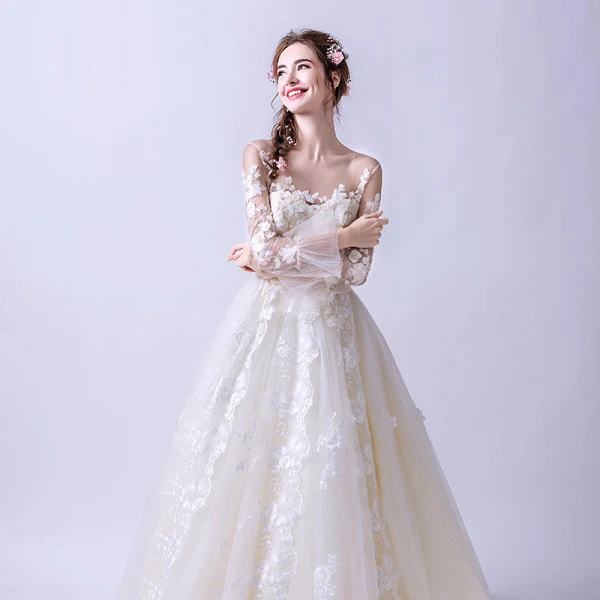 Charming Champagne Wedding Dresses 2019 A-Line / Princess V-Neck Beading Lace Flower Bell sleeves Backless Sweep Train