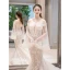 Sexy Champagne Wedding Dresses 2019 Trumpet / Mermaid Off-The-Shoulder Lace Flower Glitter Tulle Long Sleeve Backless Cathedral Train