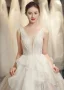 Luxury / Gorgeous Champagne Wedding Dresses 2019 A-Line / Princess V-Neck Glitter Tulle Cascading Ruffles Sleeveless Backless Cathedral Train