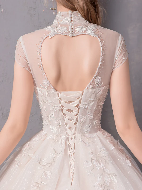 Chic / Beautiful Champagne Wedding Dresses 2019 A-Line / Princess High Neck Appliques Lace Flower Beading Pearl Sequins Cap Sleeves Backless Cathedral Train