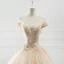 Charming Champagne Wedding Dresses 2019 A-Line / Princess Off-The-Shoulder Rhinestone Lace Flower Short Sleeve Backless Cathedral Train