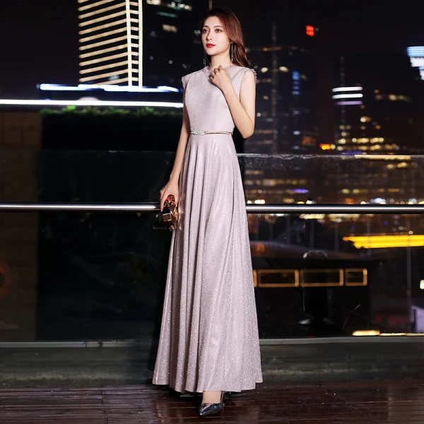 Chic / Beautiful Blushing Pink Evening Dresses 2019 A-Line / Princess Scoop Neck Glitter Polyester Sash Sleeveless Floor-Length / Long Formal Dresses