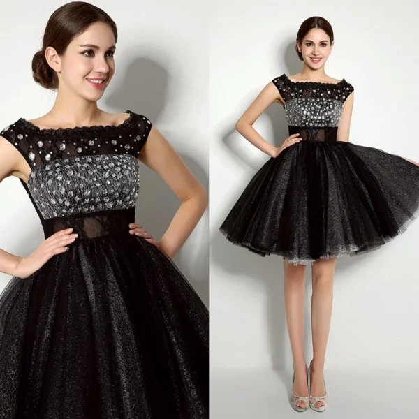 Chic / Belle Noire Robe De Cocktail 2018 Robe Boule Cristal Paillettes Dentelle Encolure Carrée Sans Manches Courte Robe De Ceremonie