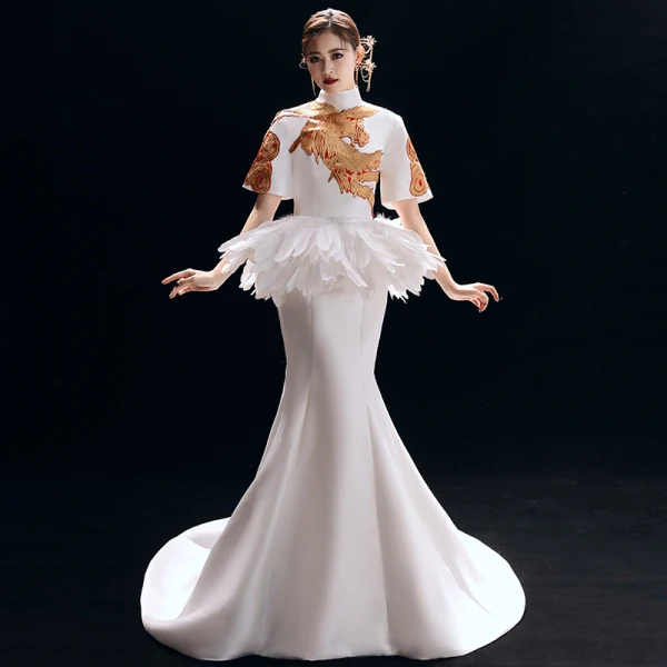 Chinese style Vintage / Retro Ivory Evening Dresses 2019 Trumpet / Mermaid High Neck Embroidered 1/2 Sleeves Backless Court Train Formal Dresses