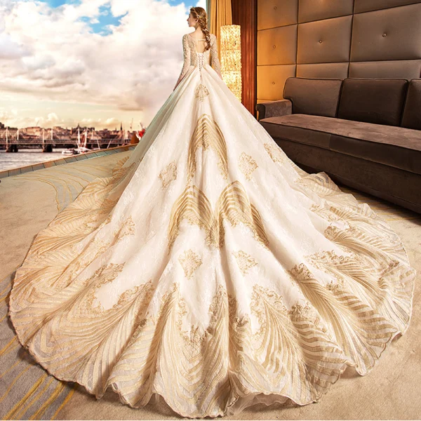 Luxury / Gorgeous Champagne Wedding Dresses 2019 A-Line / Princess Scoop Neck Beading Pearl Sequins Lace Flower 3/4 Sleeve Backless Royal Train Luxury / Gorgeous Champagne Wedding Dresses 2019 A-Line / Princess Scoop Neck Beading Pearl Sequins Lace Flower 3/4 Sleeve Backless Royal Train