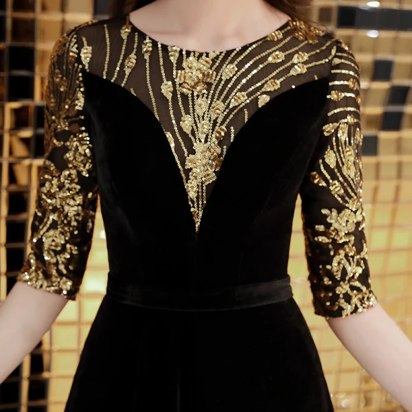 Elegant Black Evening Dresses 2019 A-Line / Princess Scoop Neck Sequins Suede 1/2 Sleeves Floor-Length / Long Formal Dresses