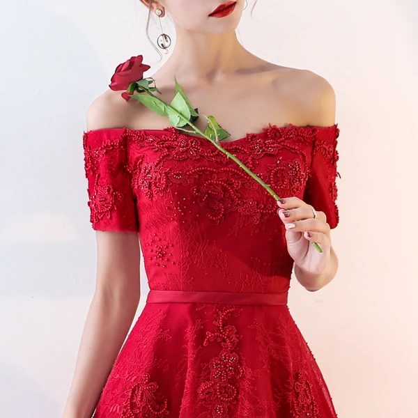 Chic / Beautiful Burgundy Evening Dresses 2019 A-Line / Princess Off-The-Shoulder Beading Crystal Lace Flower Short Sleeve Backless Floor-Length / Long Formal Dresses