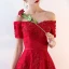 Chic / Beautiful Burgundy Evening Dresses  2019 A-Line / Princess Off-The-Shoulder Beading Crystal Lace Flower Short Sleeve Backless Floor-Length / Long Formal Dresses