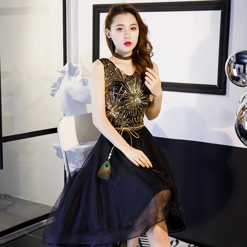 Charming Gold Black Cocktail Dresses 2019 A Line Princess Off The Shoulder  Lace Sequins Bow Short Sleeve Backless Asymmetrical Formal Dresses