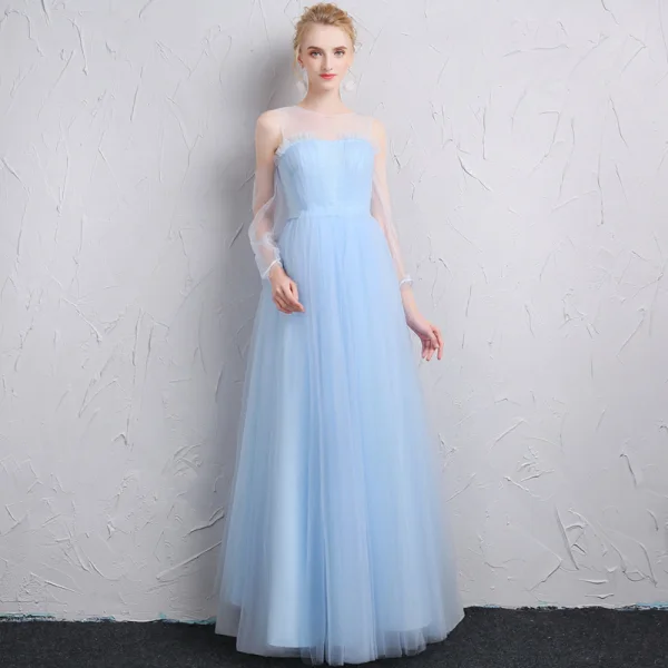 Modest / Simple Sky Blue Bridesmaid Dresses 2018 A-Line / Princess Shoulders Backless Short Sleeve Floor-Length / Long Wedding Party Dresses