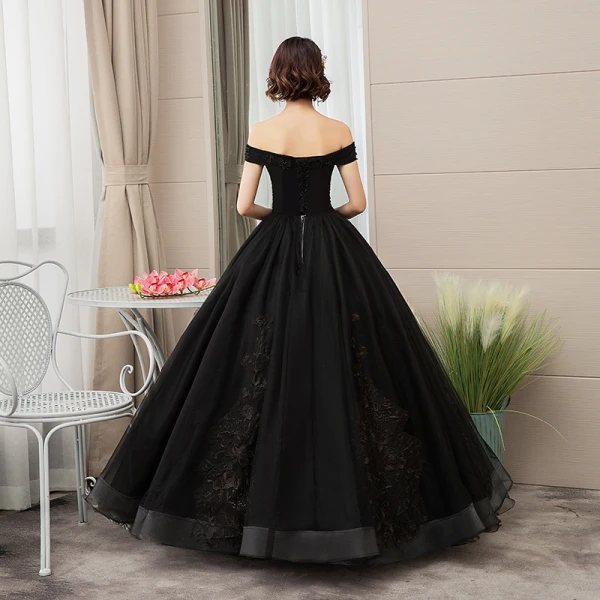 Elegant Black Quinceañera Prom Dresses 2019 A-Line / Princess Off-The-Shoulder Pearl Lace Flower Short Sleeve Backless Floor-Length / Long Formal Dresses