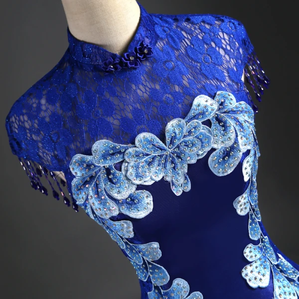 Chinese style Royal Blue Evening Dresses  Trumpet / Mermaid High Neck Beading Tassel Rhinestone Lace Flower Cap Sleeves Floor-Length / Long Formal Dresses