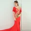 Chinese style Red Evening Dresses  2019 Trumpet / Mermaid V-Neck Rhinestone Appliques Lace Cap Sleeves Tassel Backless Court Train Formal Dresses
