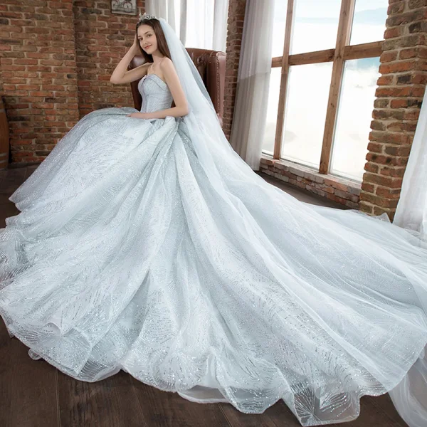 Luxury / Gorgeous Silver Wedding Dresses 2018 A-Line / Princess Glitter ...