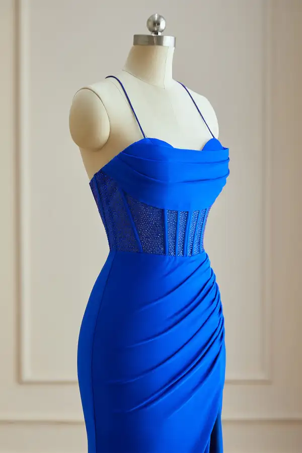 Sexy Bleu Roi Fendue devant Robe De Soirée 2024 Bretelles croisées Train De Balayage Satin Bretelles Spaghetti Trompette / Sirène Soirée Robe De Cérémonie