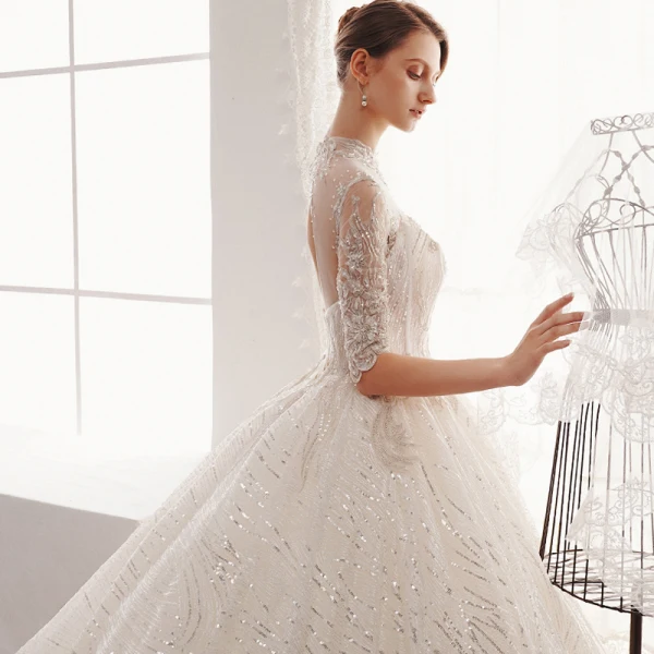 Charming Champagne Wedding Dresses 2019 A-Line / Princess Scoop Neck Beading Sequins Lace Flower 1/2 Sleeves Backless Cathedral Train