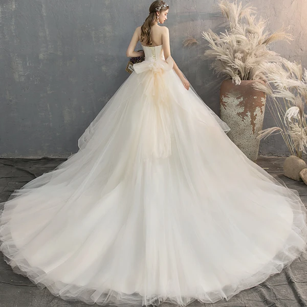 Charmant Champagne Robe De Mariée 2019 Princesse Bustier Noeud Sans Manches Dos Nu Cathedral Train