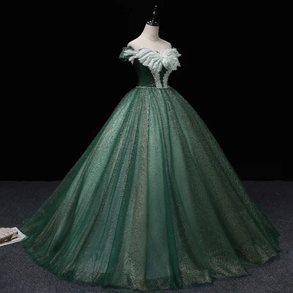Elegant Dark Green Prom Dresses 2022 Ball Gown Off-The-Shoulder Short Sleeve Sequins Backless Pearl Bow Floor-Length / Long Formal Dresses