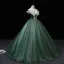 Elegant Dark Green Prom Dresses 2022 Ball Gown Off-The-Shoulder Short Sleeve Sequins Backless Pearl Bow Floor-Length / Long Formal Dresses