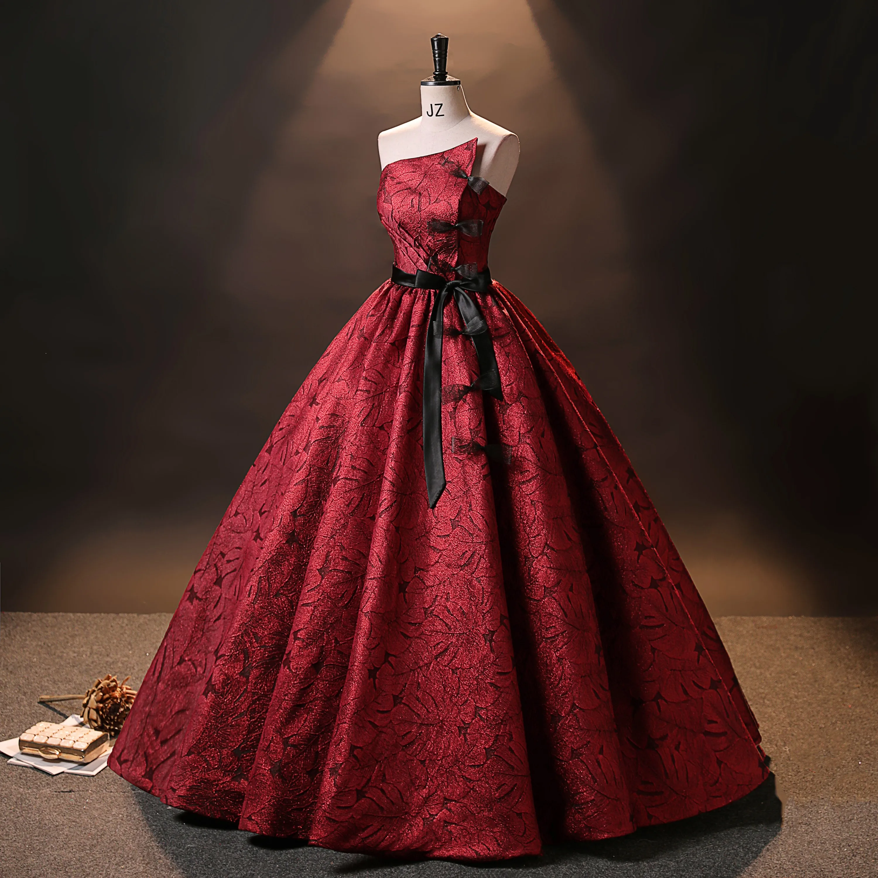 strapless open back dress Satin Long Dark A Line Red Prom Dresses Custom Color / US6 main image 1