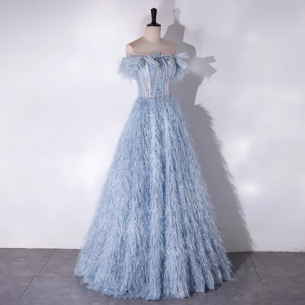 Fashion Sky Blue Tassel Rhinestone Bow Prom Dresses 2024 A-Line / Princess Strapless Sleeveless Backless Floor-Length / Long Prom Formal Dresses