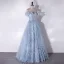 Fashion Sky Blue Tassel Rhinestone Bow Prom Dresses 2024 A-Line / Princess Strapless Sleeveless Backless Floor-Length / Long Prom Formal Dresses