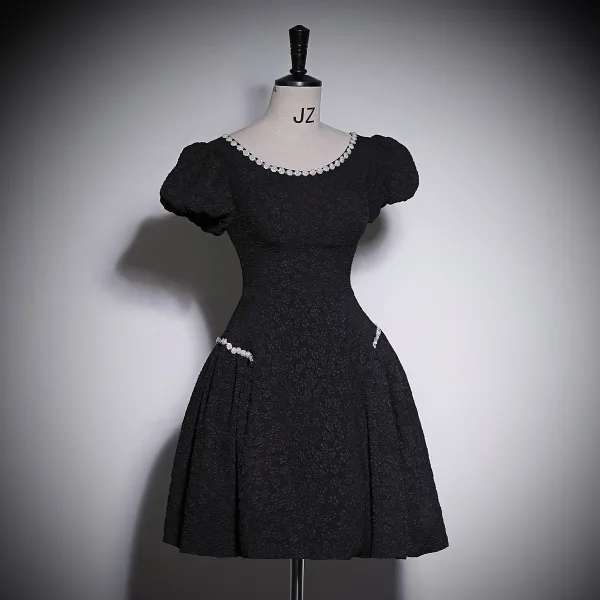 Chic / Beautiful Black Pearl Sequins Short Prom Dresses 2023 A-Line / Princess Scoop Neck Short Sleeve Backless Prom Formal Dresses