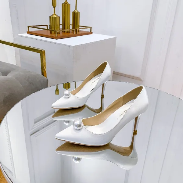 Élégant Ivoire Soie Satin Perle Chaussure De Mariée 2021 8 cm Talons Aiguilles À Bout Pointu Mariage Escarpins Talons Hauts