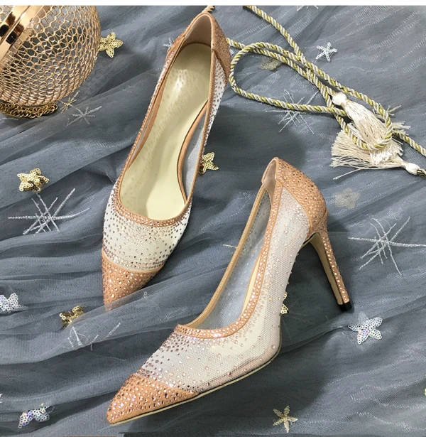 Mode Champagne Brudskor 2019 Rhinestone Tyll 9 cm Stilettklackar Spetsiga Bröllop Pumps