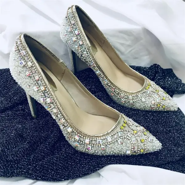 Piękne Białe Buty Ślubne 2019 Skórzany Rhinestone Cekiny 10 cm Szpilki Szpiczaste Ślub Czółenka