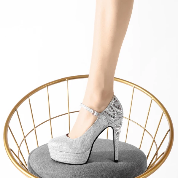 Chic / Beautiful Gold Wedding Shoes 2019 Leather Rhinestone Sequins Ankle Strap 12 cm Stiletto Heels Pointed Toe Wedding Pumps