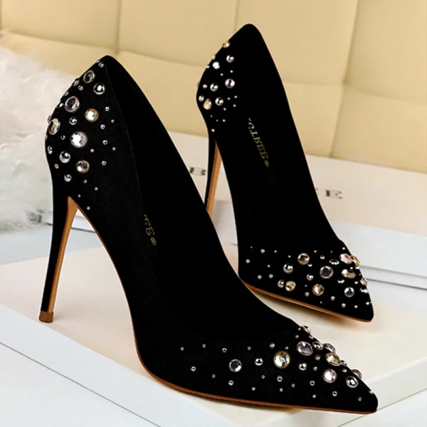 Chic / Beautiful Black Suede Prom Pumps 2019 Rhinestone 10 cm Stiletto Heels Pointed Toe Pumps